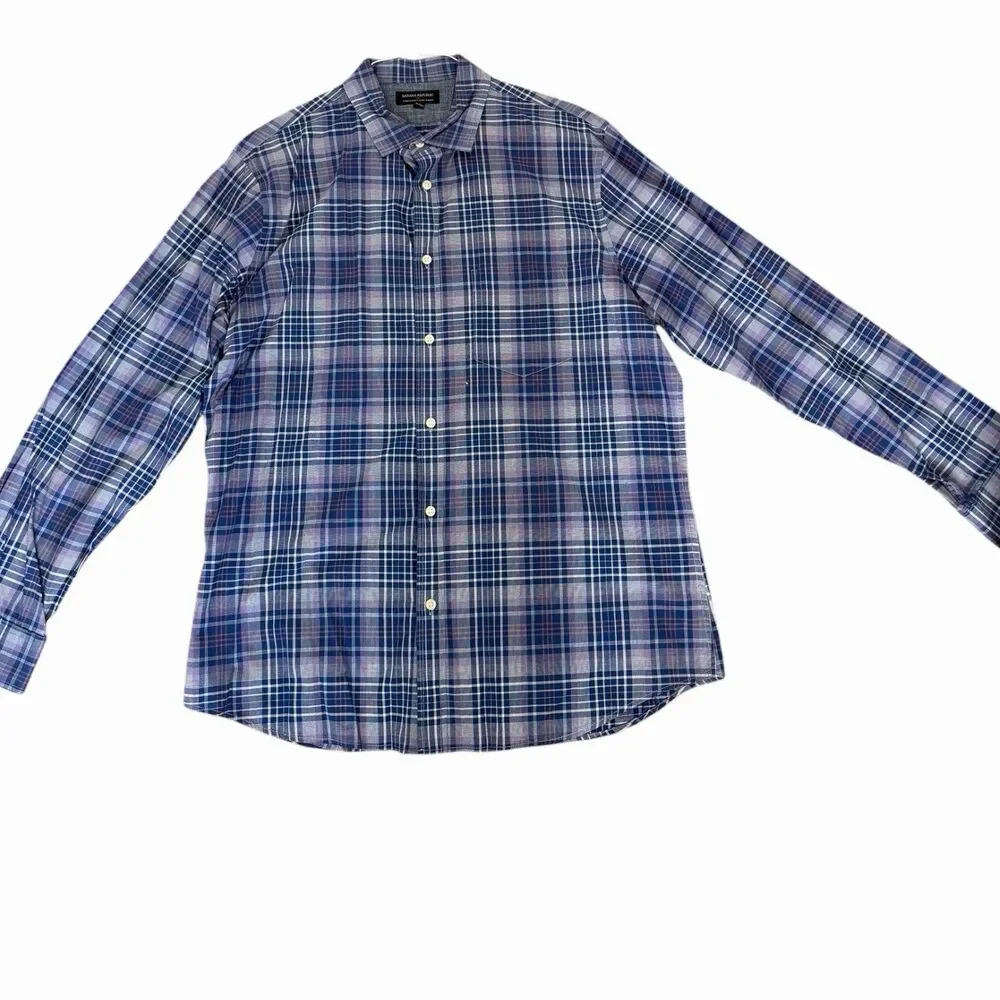 Banana Republic Mens XL Slim Fit Blue Purple Plaid Button Down Shirt 100% Cotton